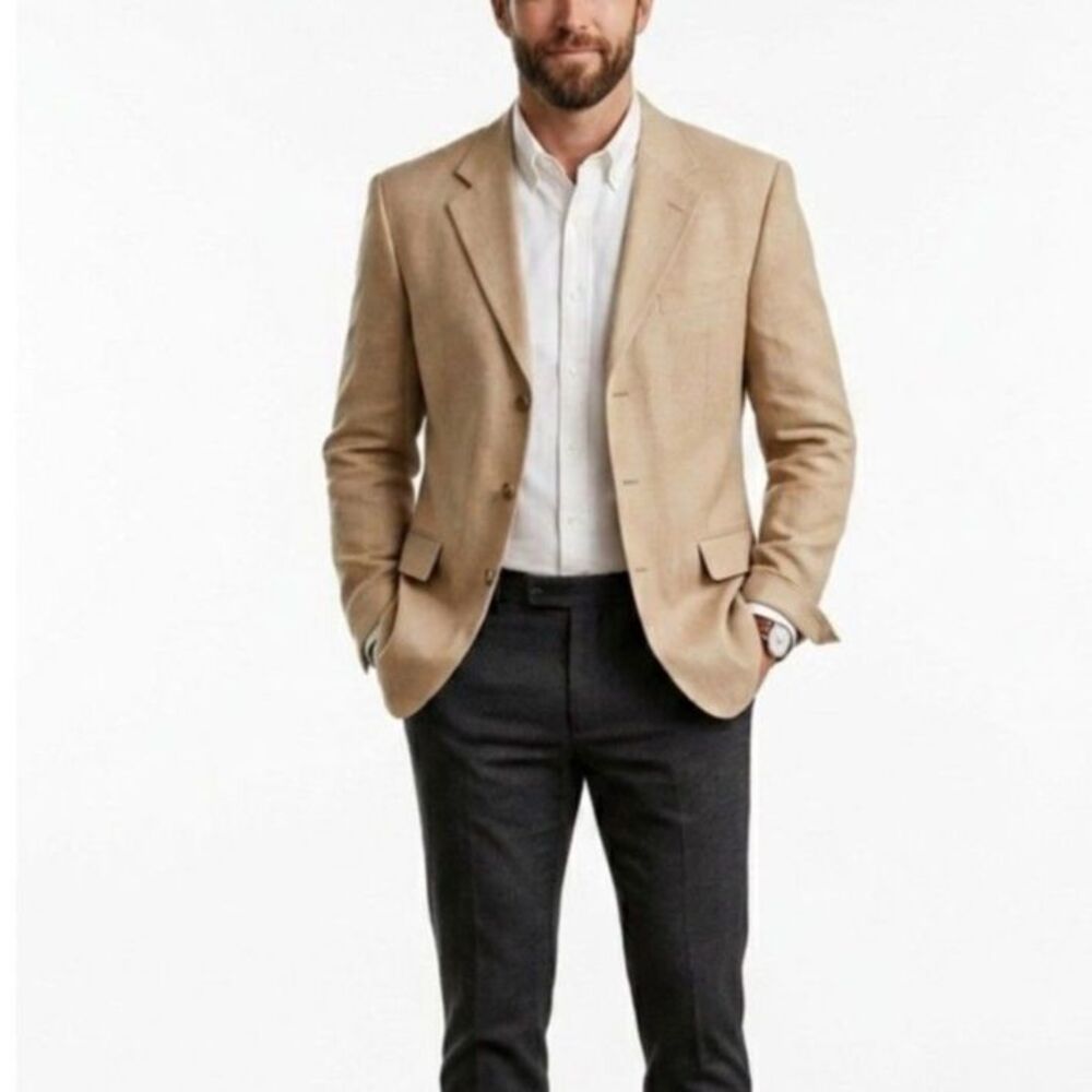VTG Rogue Men's Tan Featherweight 100% Silk 3 Button Front Suit Jacket Size 42L